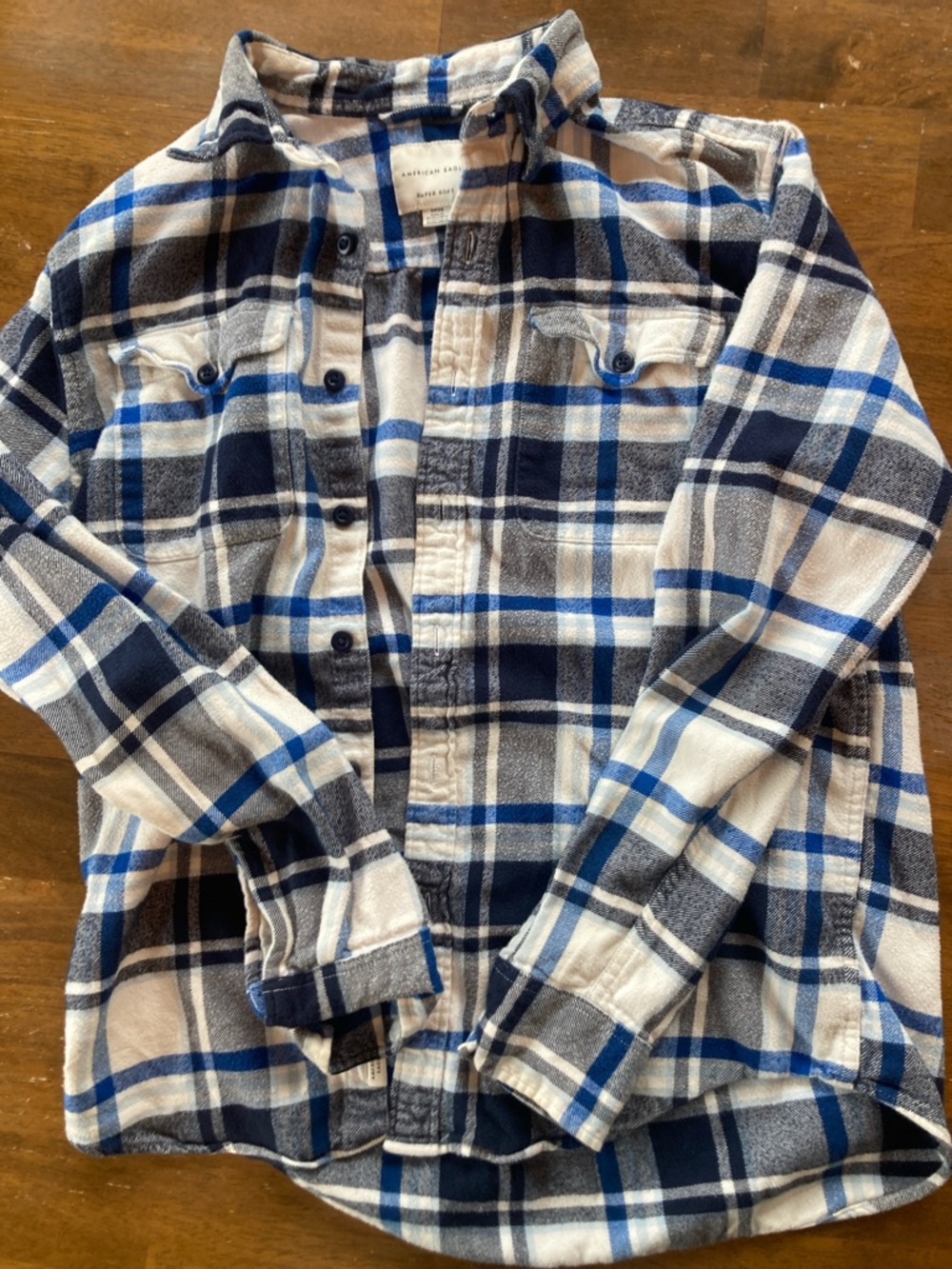 American Eagle Outfitters Navy, Blue & White Plaid Button-Down Flannel